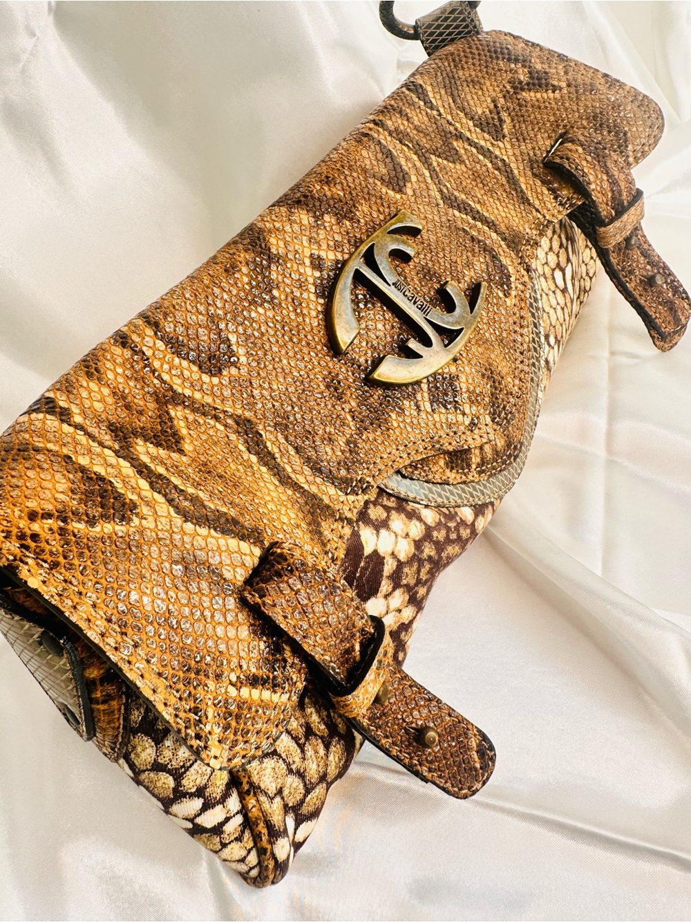 Just Cavalli Snakeskin Print Clutch with Gold Logo Accent